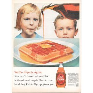 1960 Log Cabin Pancake Syrup Vintage Print Ad Boy Girl Waffle Breakfast Wall Art